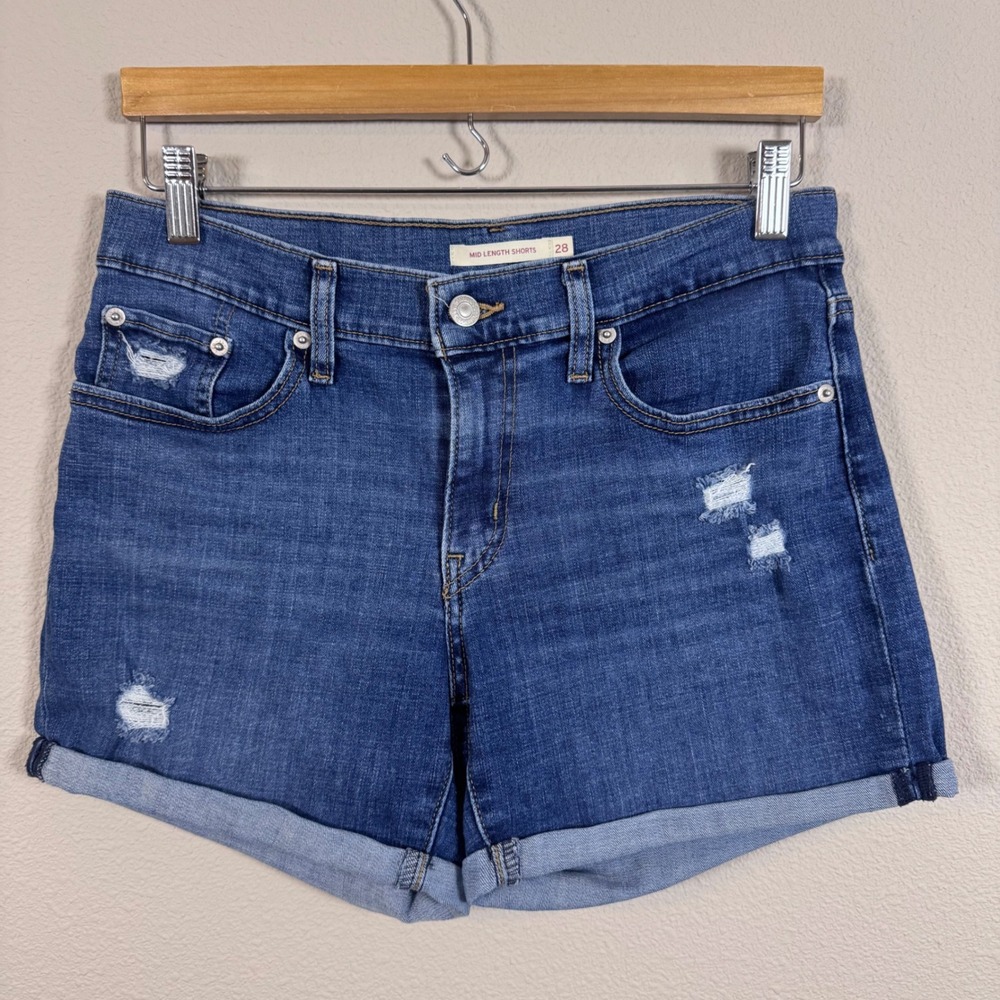 Levis Mid Length Shorts Blue Distressed Cuffed Denim Jean Shorts Women's Size 28